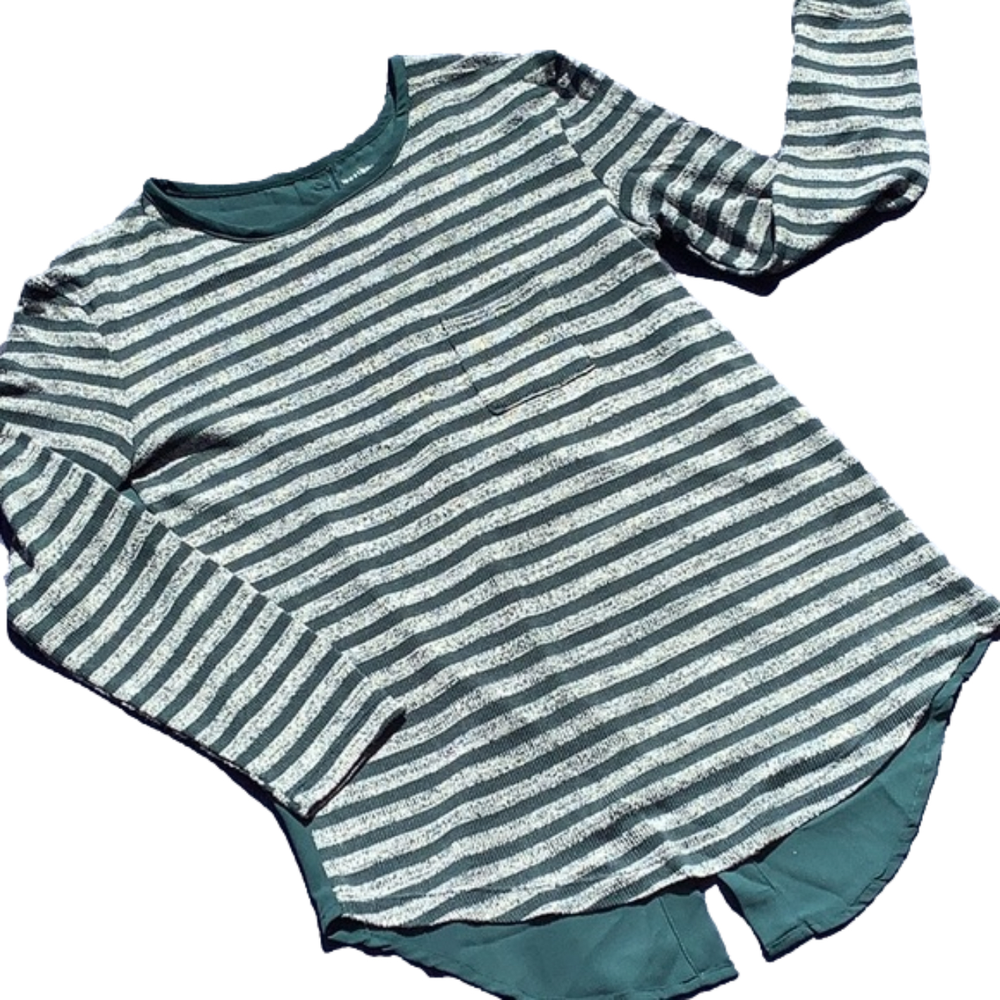 Westbound Green Striped Crew Neck Sweater with Button Back Detail Womans…